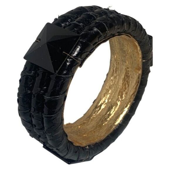 Ted Rossi NYC Black Gold Wrapped Leather Faceted Big Bead Statement Bracelet 7.5 - Picture 9 of 11